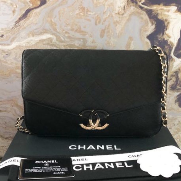 CHANEL Thread Around Caviar Leather Chain Flap Crossbody Bag Black